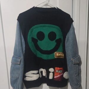 Smiley Face Black Sweater with Denim Sleeves